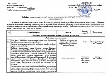 Сыбайлас жемқорлыққа қарсы іс-қимыл саласындағы қатынастарды реттеуге арналған жұмыс жоспары